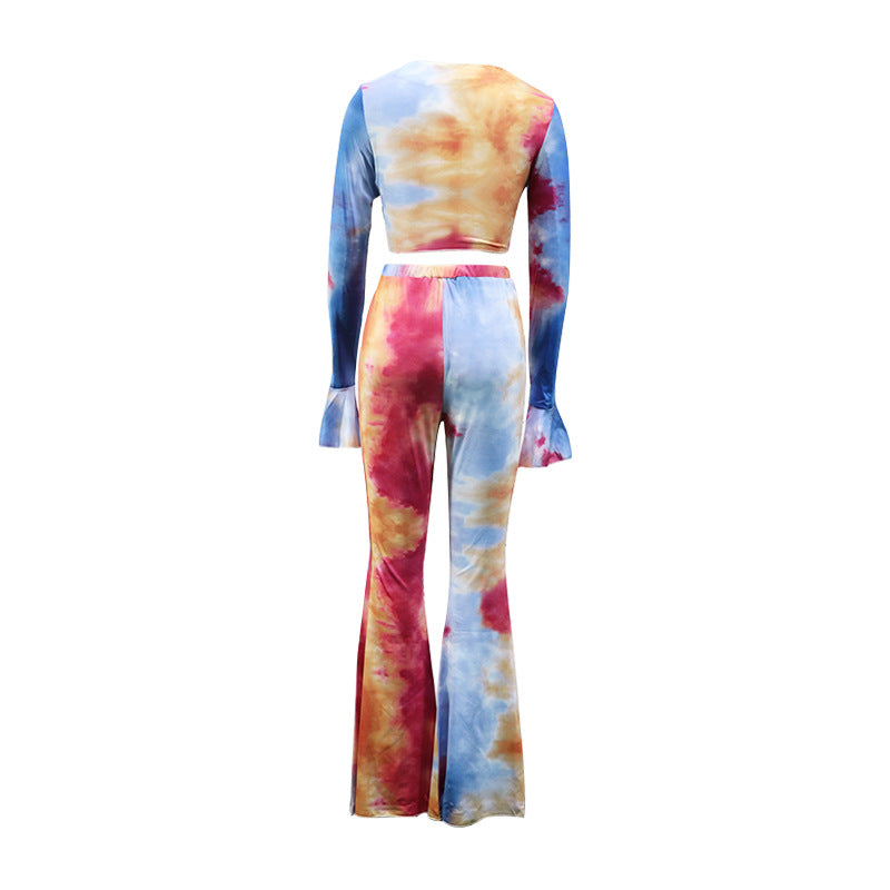 Autumn And Winter Women's Fashion Tie Dye Casual Short Long Sleeved Trousers Two Piece Set