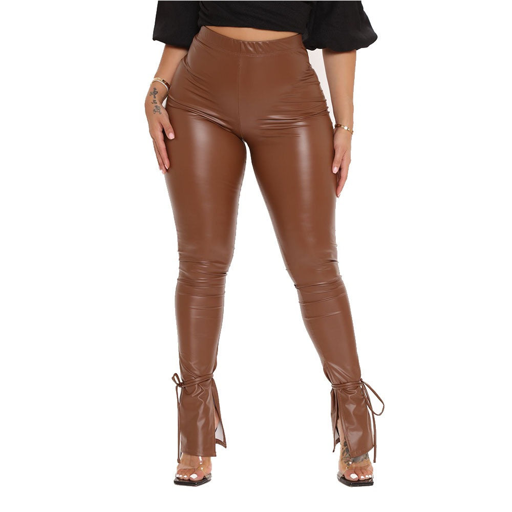 Women's Autumn New Tight High Elastic Strap Micro Horn Side Split Pu Leather Pants