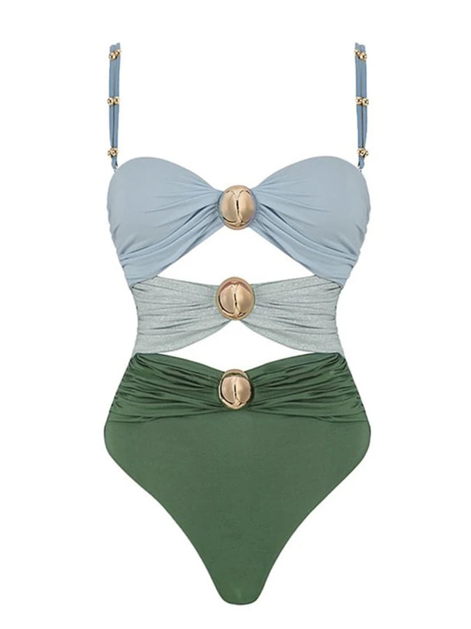 Color Block Cut Out One Piece Swimsuit and Sarong Fashion Patchwork Push Up Swimwear Women's Luxury Bathing Suit Beachwear