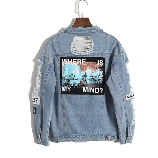 Vintage  Wash Water Distrressed Denim Jacket Embroidery Letter Loose Back Applique BF Denim Coat