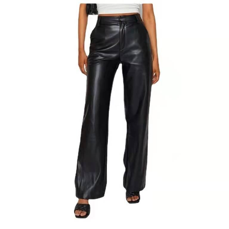 Autumn and Winter Women's PU Long Leather Pants Casual Wide Leg Pants High Waist Straight Tube Leather Pants