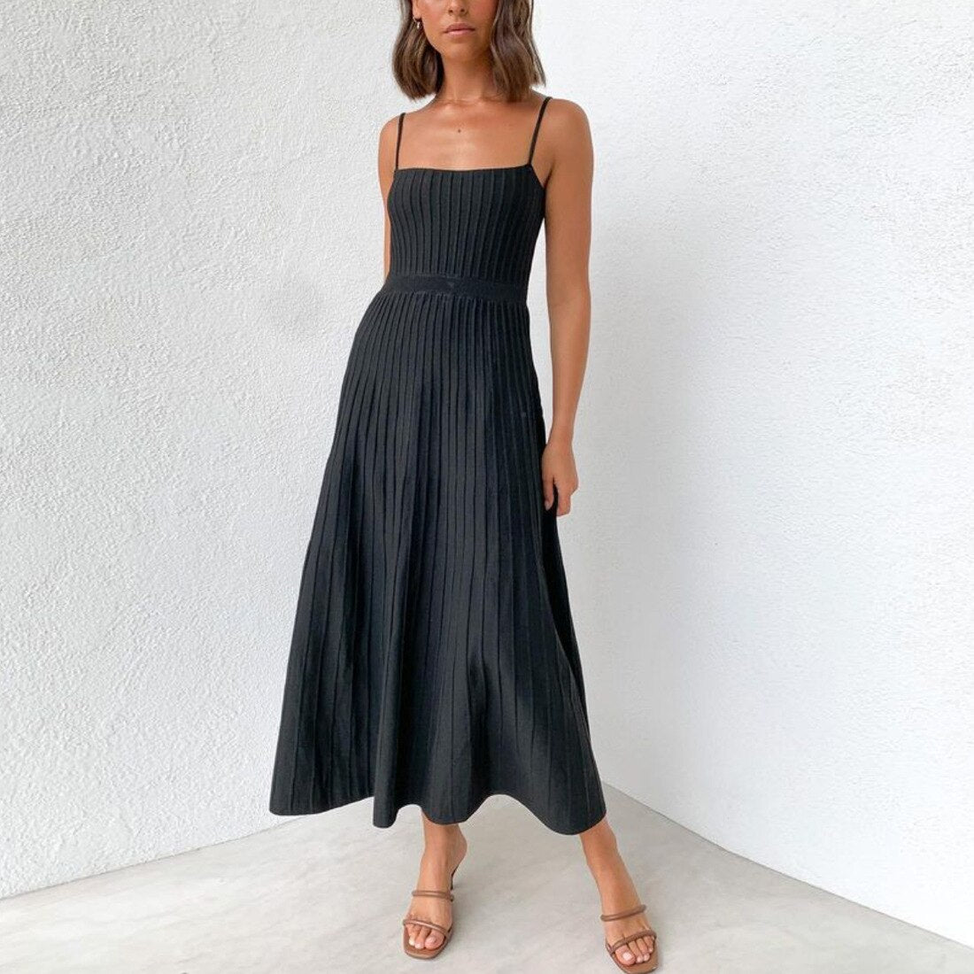 Casual Solid High Waist Knit Dress High Stretshy Sleeveless Pleated Long Skirt Dress Women Summer Beach Slip Dresses