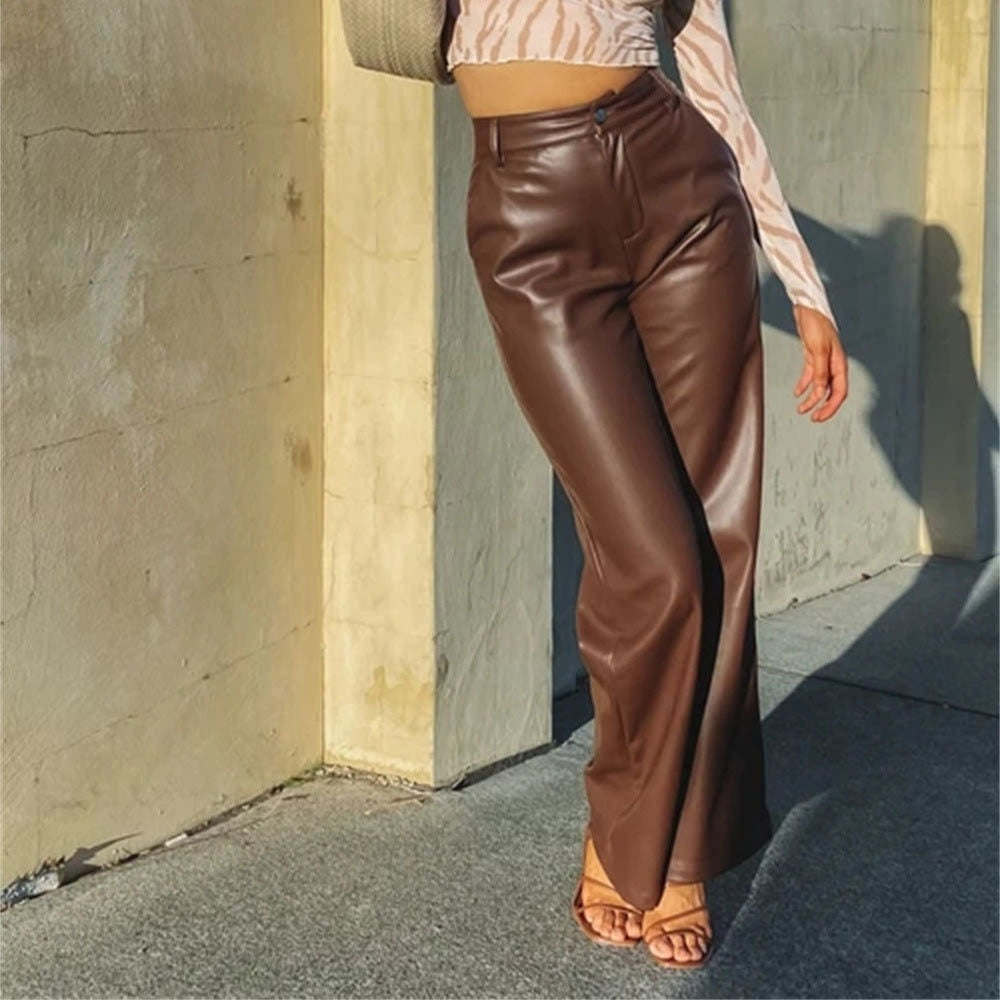 Autumn and Winter Women's PU Long Leather Pants Casual Wide Leg Pants High Waist Straight Tube Leather Pants