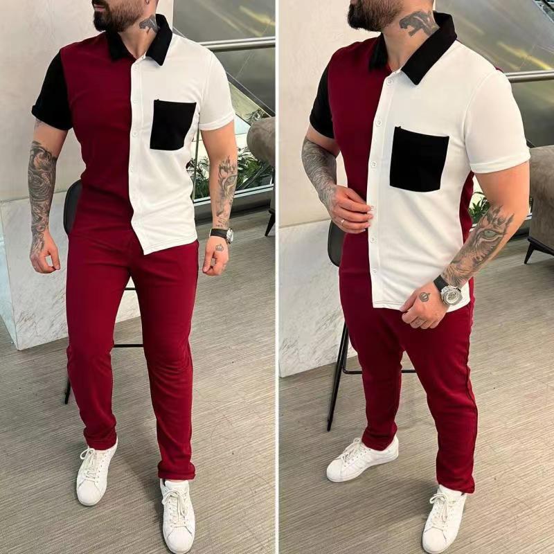 Color Matching Men's Shirt Short-sleeved Trousers Trendy Casual Sports Suit