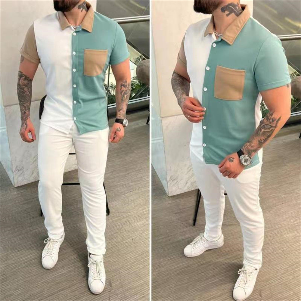 Color Matching Men's Shirt Short-sleeved Trousers Trendy Casual Sports Suit