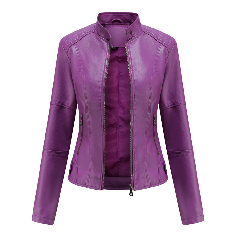 Thin Large Size Leather Clothing With Stand Collar Slim-fit Jacket