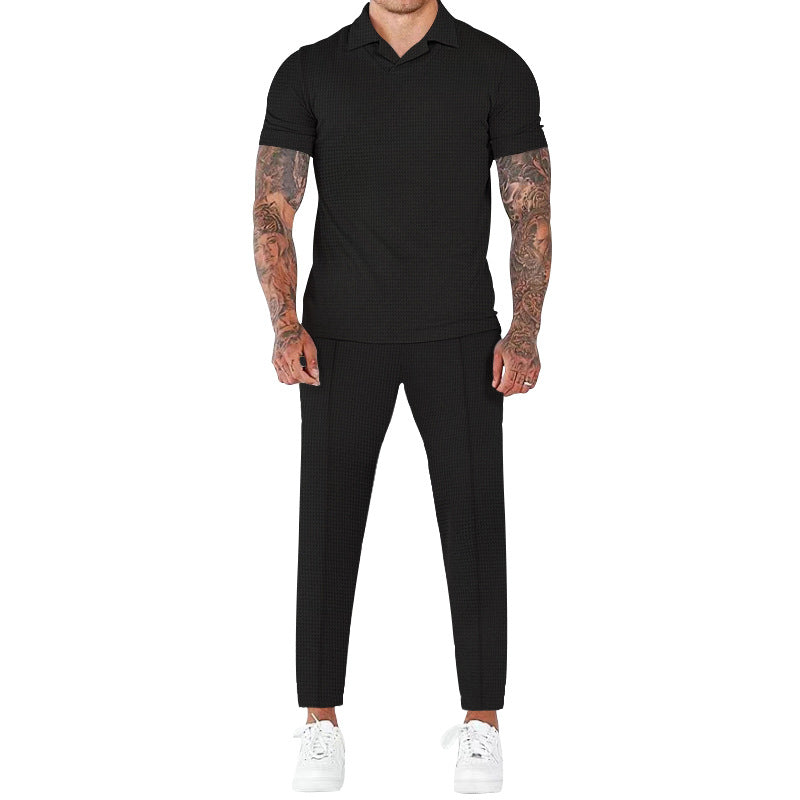 Men's Fashion Casual Waffle V-neck Polo Polo Short Sleeve Trousers Suit