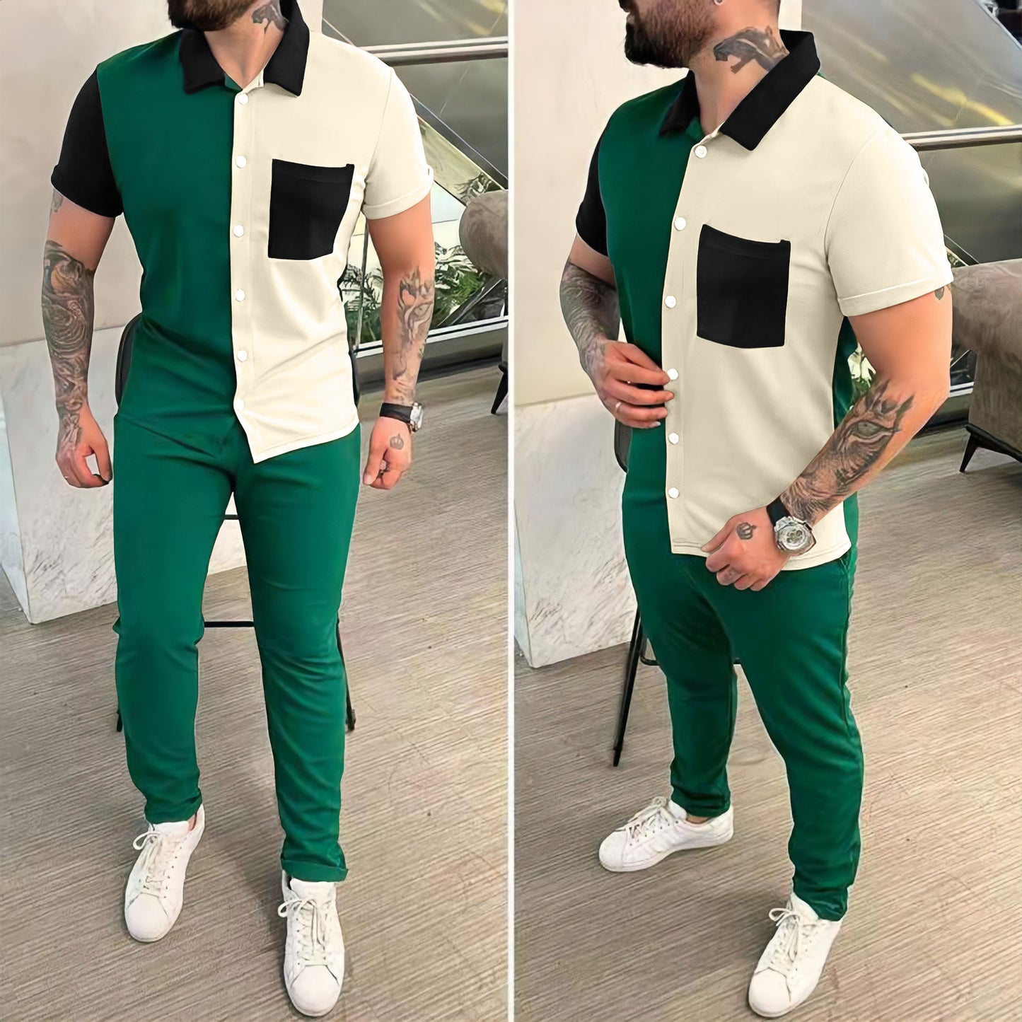 Color Matching Men's Shirt Short-sleeved Trousers Trendy Casual Sports Suit