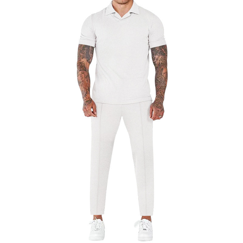 Men's Fashion Casual Waffle V-neck Polo Polo Short Sleeve Trousers Suit