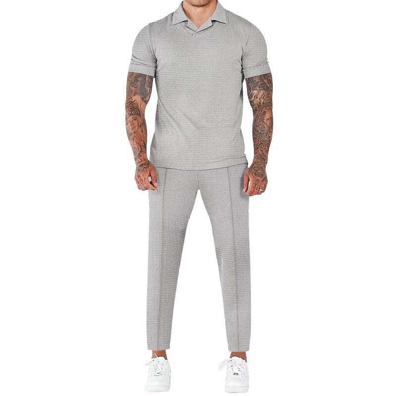 Men's Fashion Casual Waffle V-neck Polo Polo Short Sleeve Trousers Suit