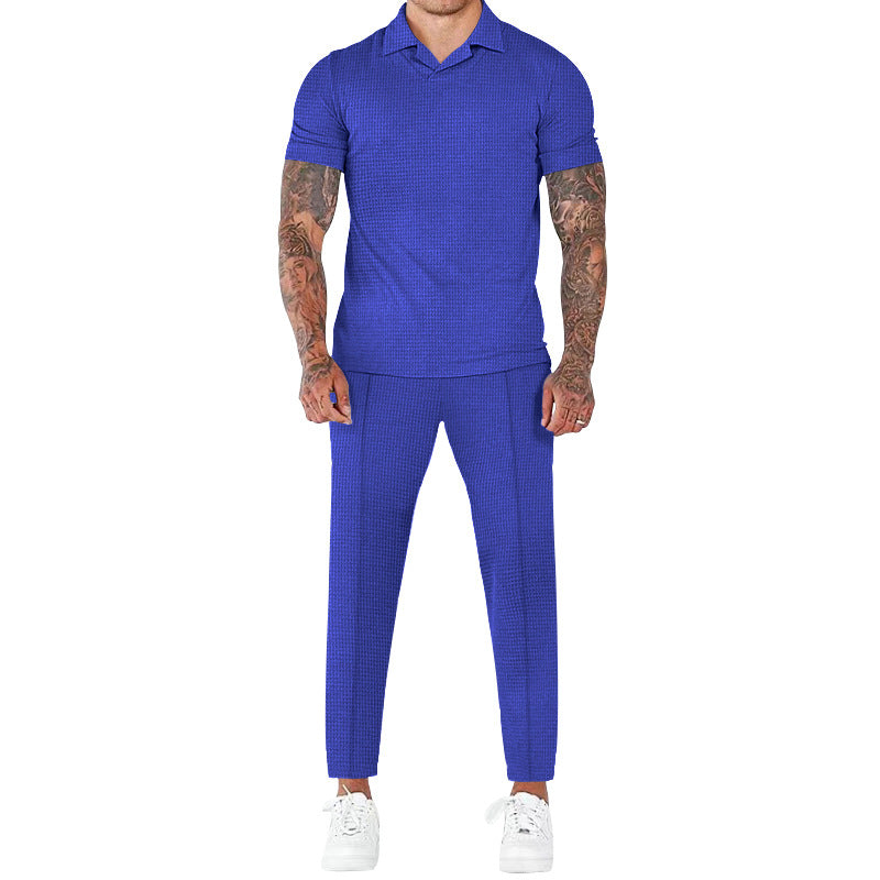 Men's Fashion Casual Waffle V-neck Polo Polo Short Sleeve Trousers Suit