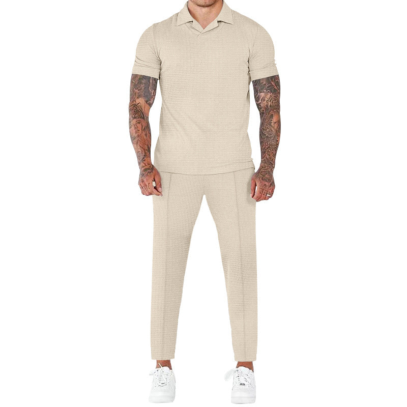 Men's Fashion Casual Waffle V-neck Polo Polo Short Sleeve Trousers Suit