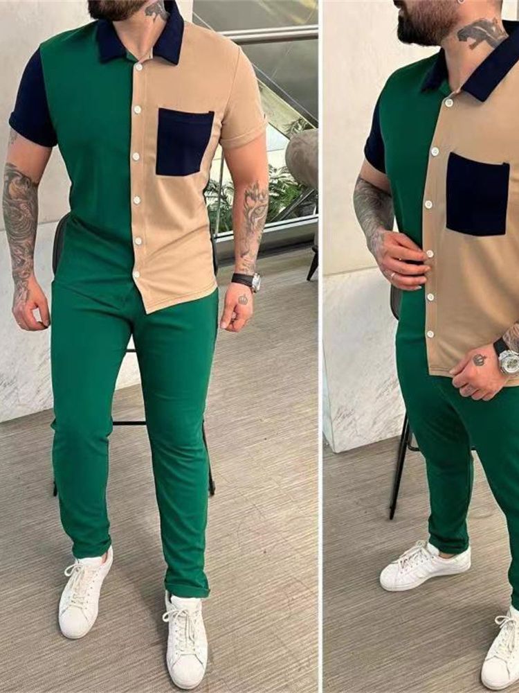 Color Matching Men's Shirt Short-sleeved Trousers Trendy Casual Sports Suit