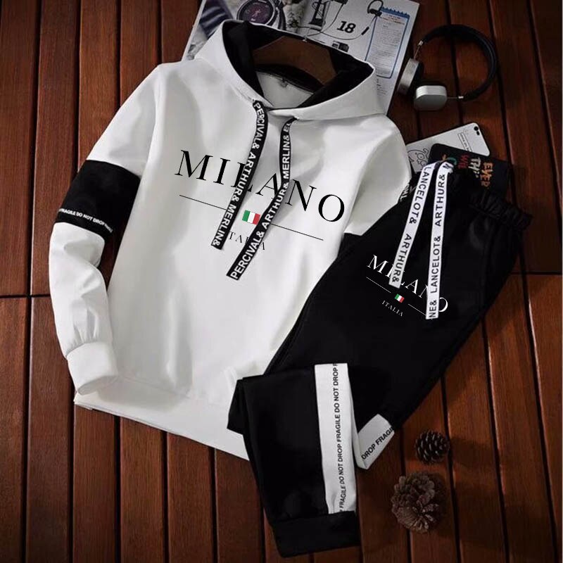 Newest Men Fashion Luxury Tracksuit Long Sleeve Hoodie + Sports Pants Sets Pullover Sweater Tops and Jogging Pants Casual Outfit