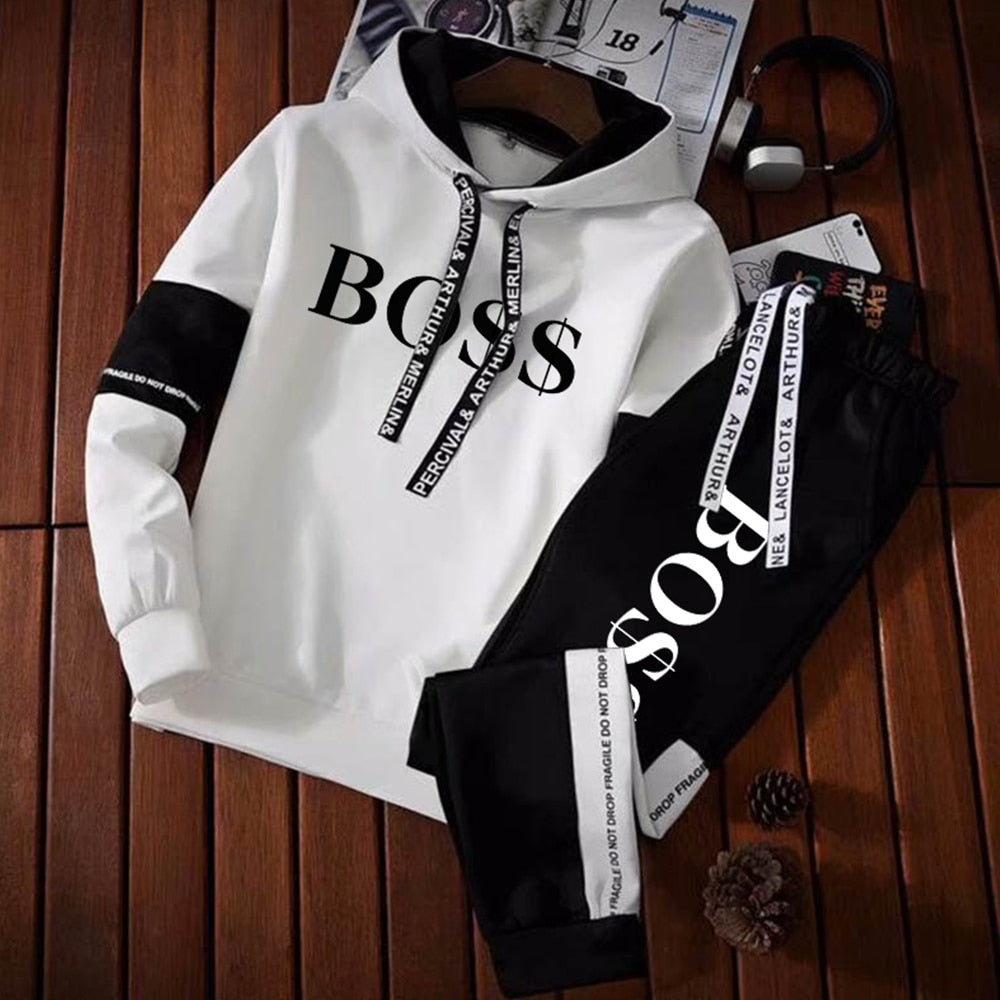 Newest Men Fashion Luxury Tracksuit Long Sleeve Hoodie + Sports Pants Sets Pullover Sweater Tops and Jogging Pants Casual Outfit