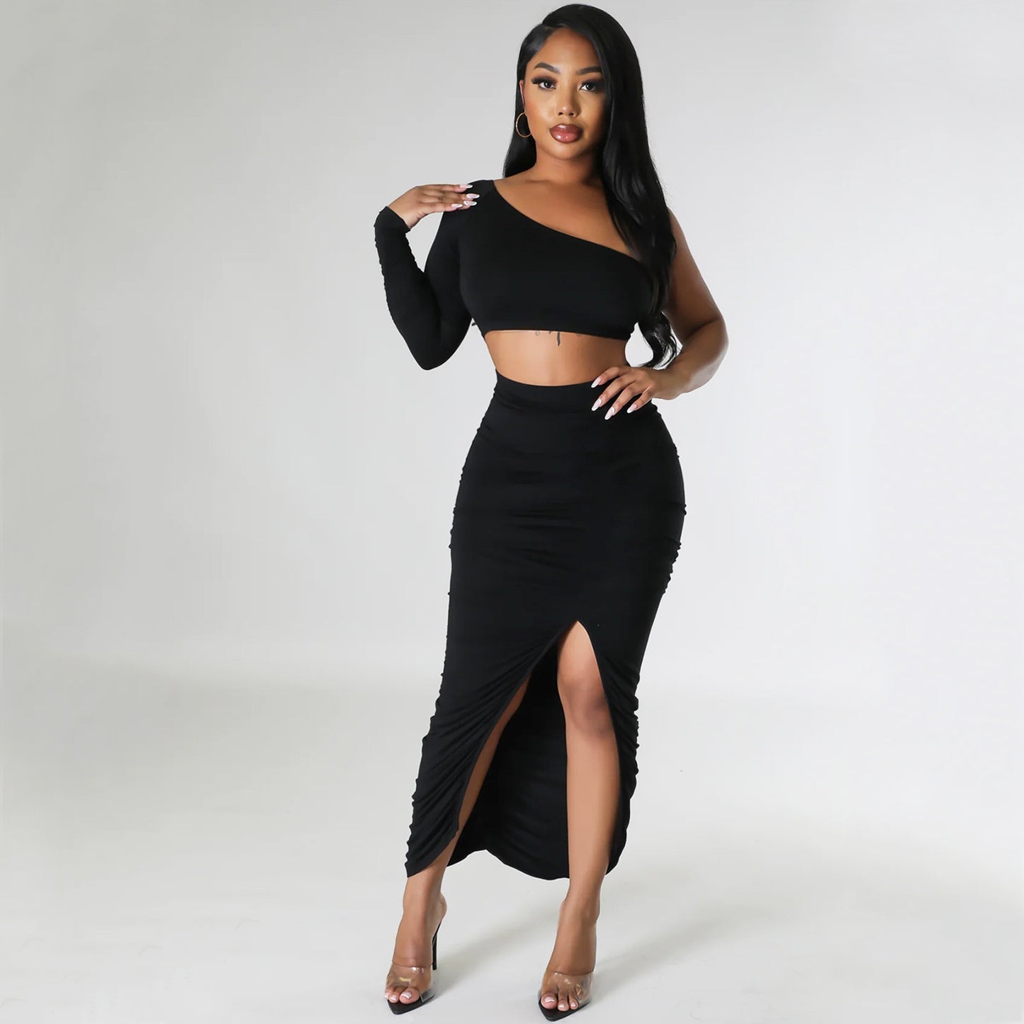 Echoine Solid One Shoulder Crop Top and Pleated Fold Skirt Set Two Piece Set Sexy Party Clubwear Matching Set Autumn Women Cloth