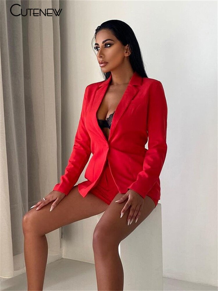 Cutenew Elegant Solid Two Piece Sets Women Outfits Slim Long Sleeve Single Button Blazer+Shorts Matching Lady Casual Streetwear