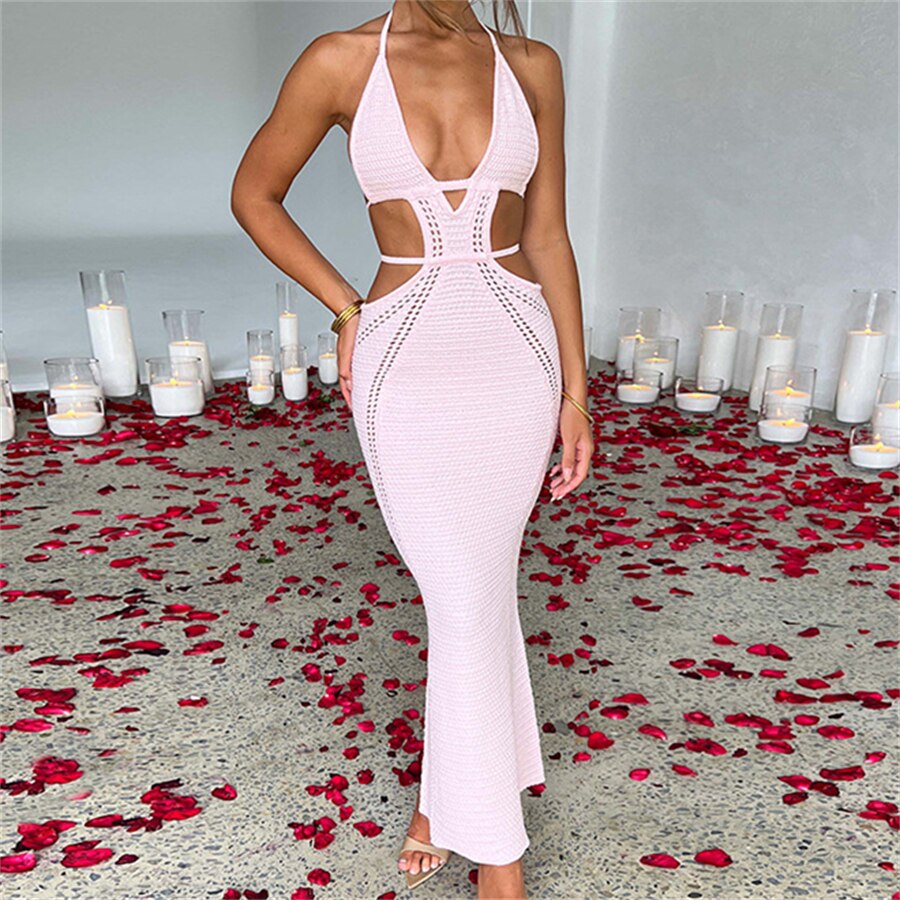 wsevypo Women Halter Tie-up Knit Crochet Beach Dress Sexy Backless Sleeveless Deep V Cutout Waist Wrapped Bodycon Dress Clubwear