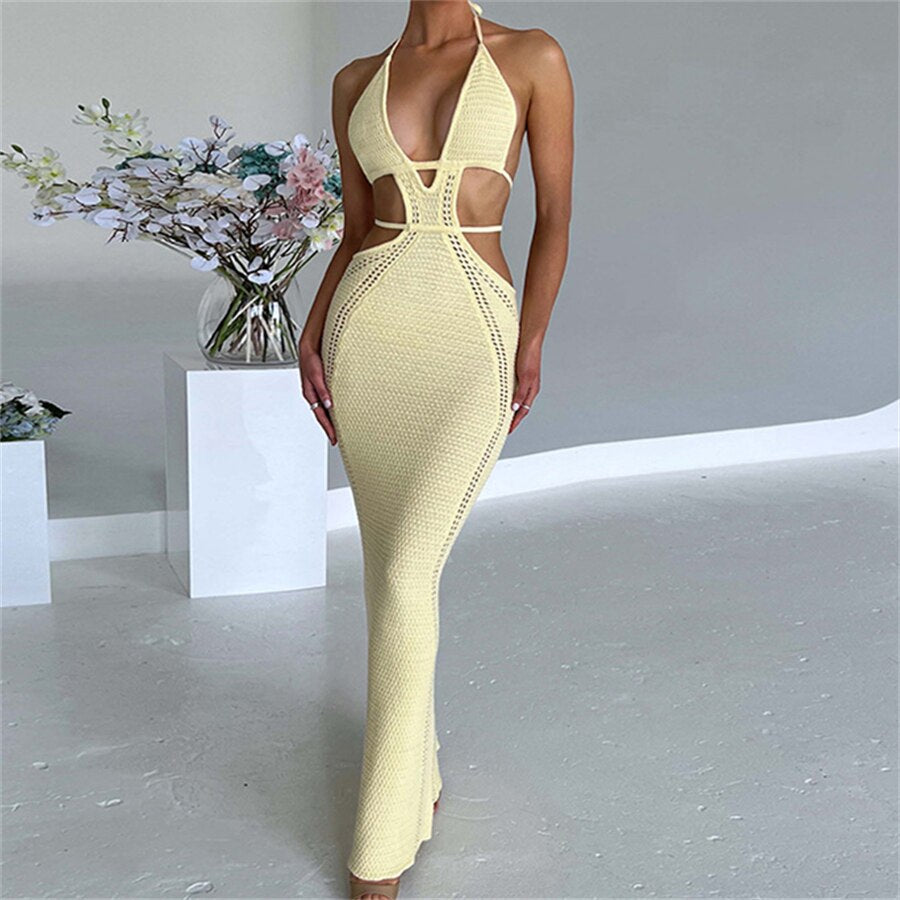 wsevypo Women Halter Tie-up Knit Crochet Beach Dress Sexy Backless Sleeveless Deep V Cutout Waist Wrapped Bodycon Dress Clubwear