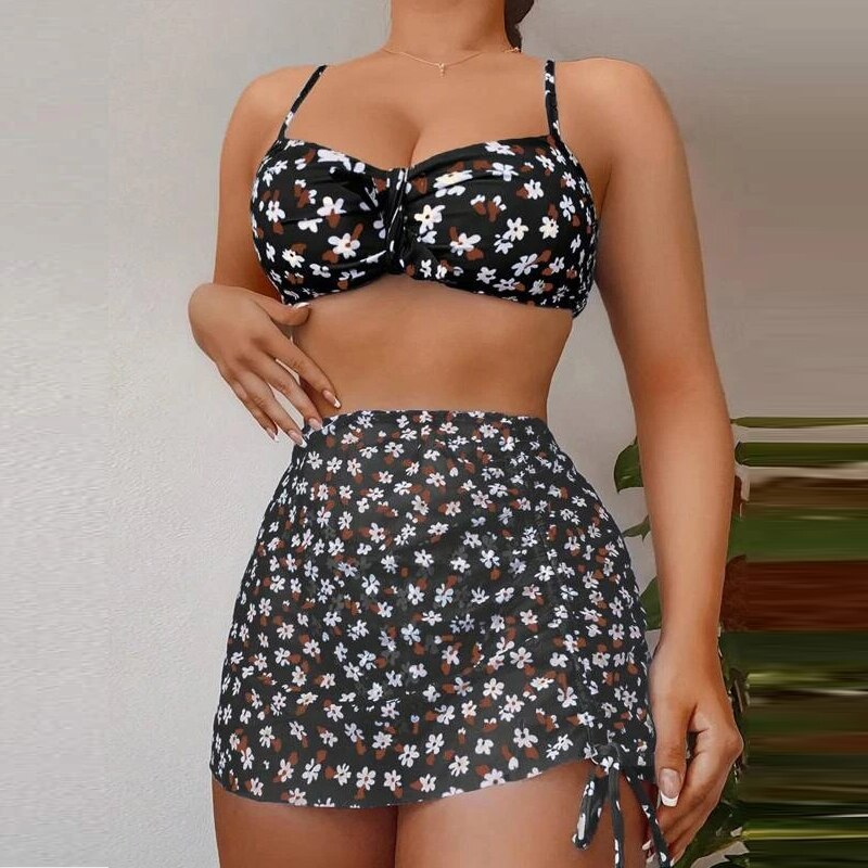 Floral Printed Swimsuit 3 Piece Set Fashion Spaghetti Strap Bra and Thong and Skirt Set Summer Backless Push Up Sexy Beachwear