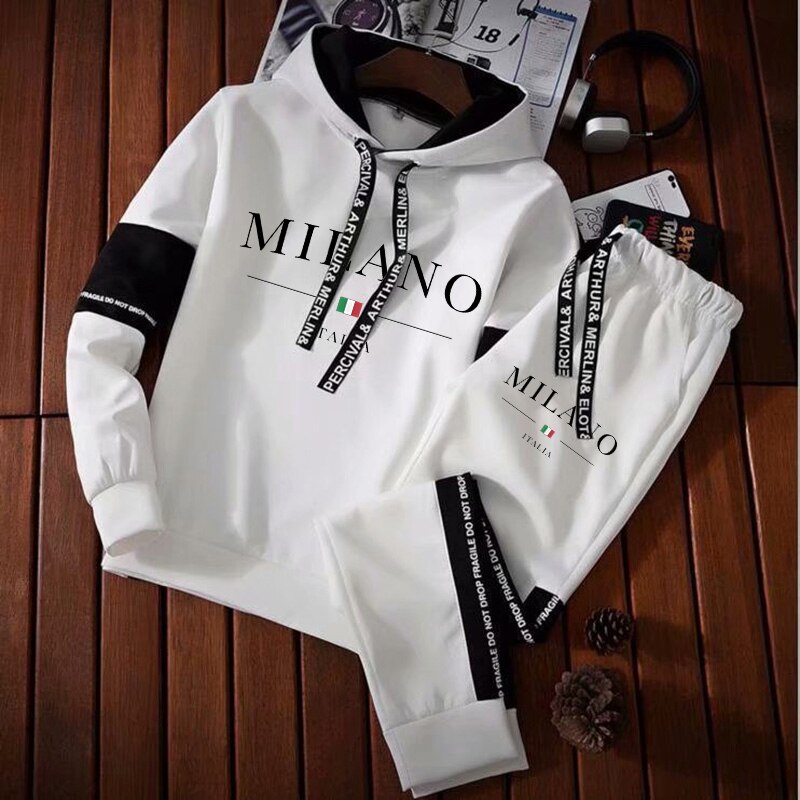 Newest Men Fashion Luxury Tracksuit Long Sleeve Hoodie + Sports Pants Sets Pullover Sweater Tops and Jogging Pants Casual Outfit