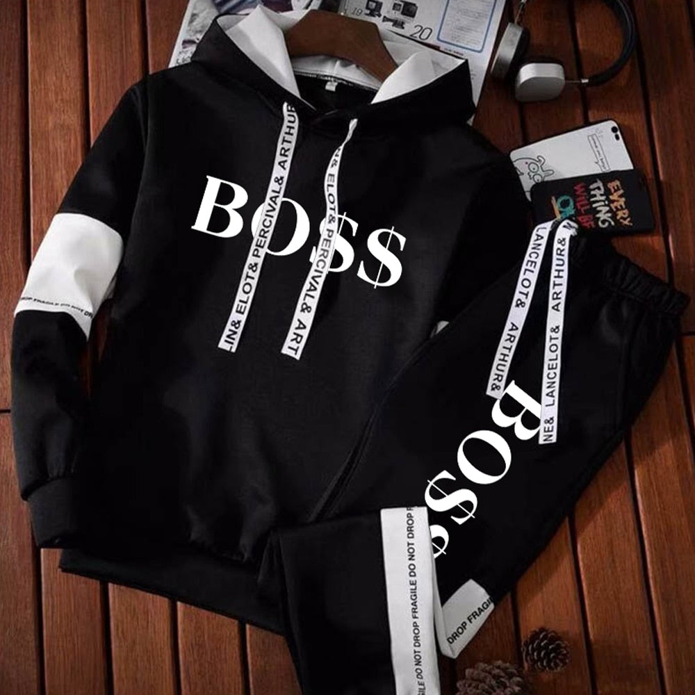 Newest Men Fashion Luxury Tracksuit Long Sleeve Hoodie + Sports Pants Sets Pullover Sweater Tops and Jogging Pants Casual Outfit