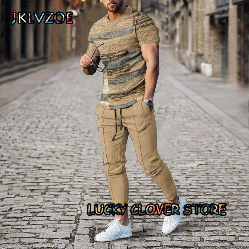 Men‘s Black Stripe Tracksuit Short Sleeve Tshirts+Pants 2 Piece Sets Print Man Trousers Summer Suit Casual Multi-color Clothing