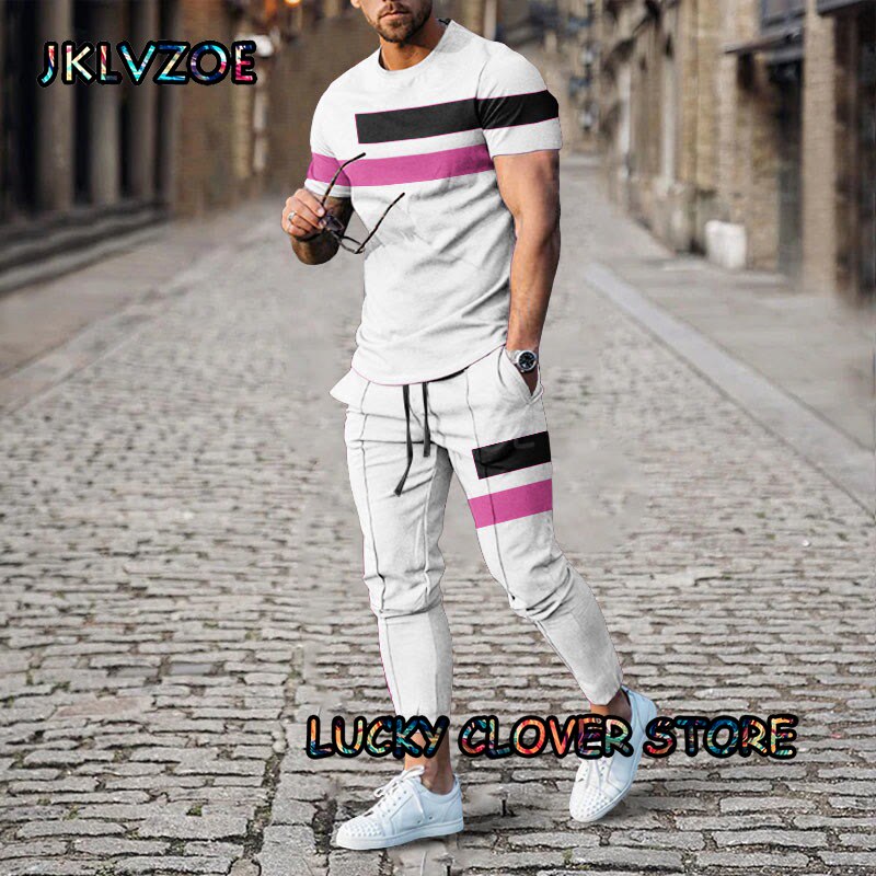 Men‘s Black Stripe Tracksuit Short Sleeve Tshirts+Pants 2 Piece Sets Print Man Trousers Summer Suit Casual Multi-color Clothing