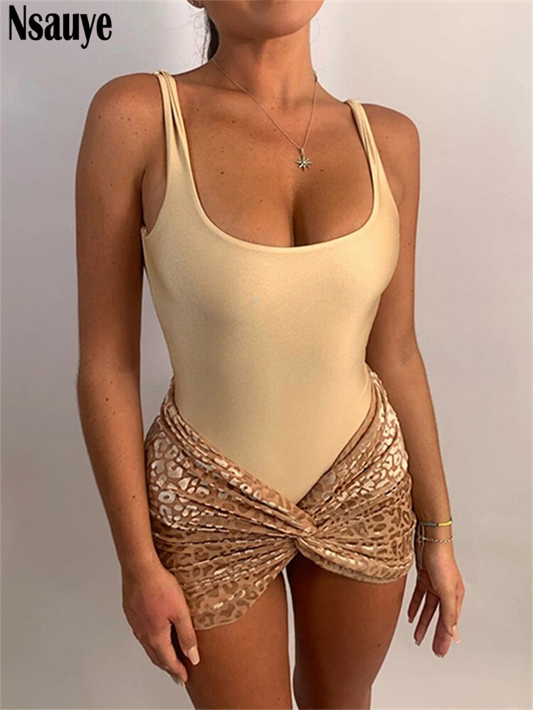 Nsauye Casual Summer Beach Women Fashion Sexy Bodysuit Tops And Mini Low Waisted Bodycon Skirt Party Two Piece Outfits Set 2023