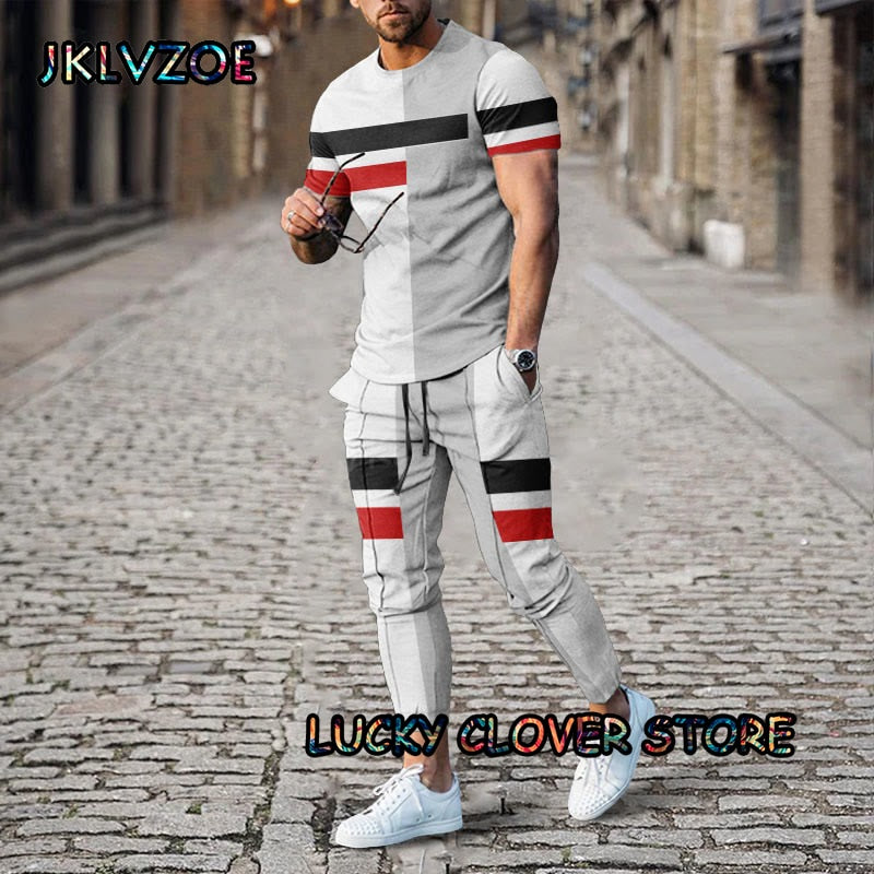 Men‘s Black Stripe Tracksuit Short Sleeve Tshirts+Pants 2 Piece Sets Print Man Trousers Summer Suit Casual Multi-color Clothing