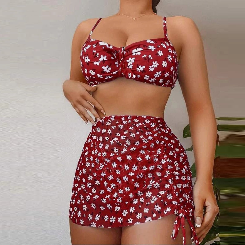 Floral Printed Swimsuit 3 Piece Set Fashion Spaghetti Strap Bra and Thong and Skirt Set Summer Backless Push Up Sexy Beachwear