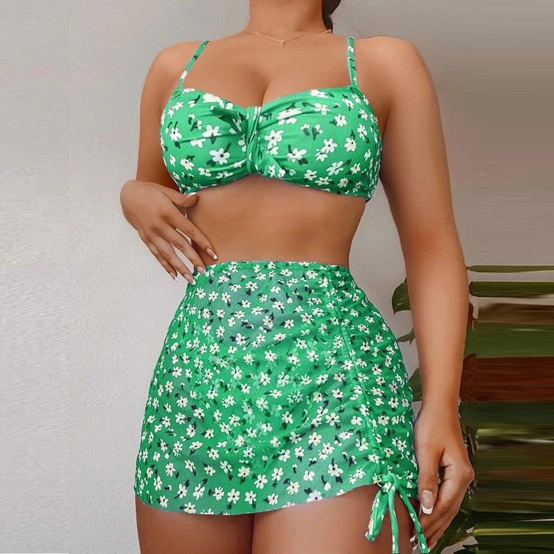 Floral Printed Swimsuit 3 Piece Set Fashion Spaghetti Strap Bra and Thong and Skirt Set Summer Backless Push Up Sexy Beachwear