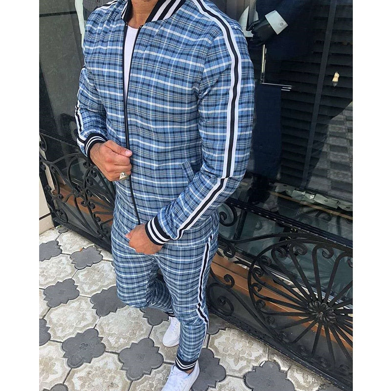 Gentleman 2023 Men's Tracksuits Sets 3D Colorful Plaid Print Sports Suits Men Grid 2-piece Set  Autumn Zipper Jackets Sportswear