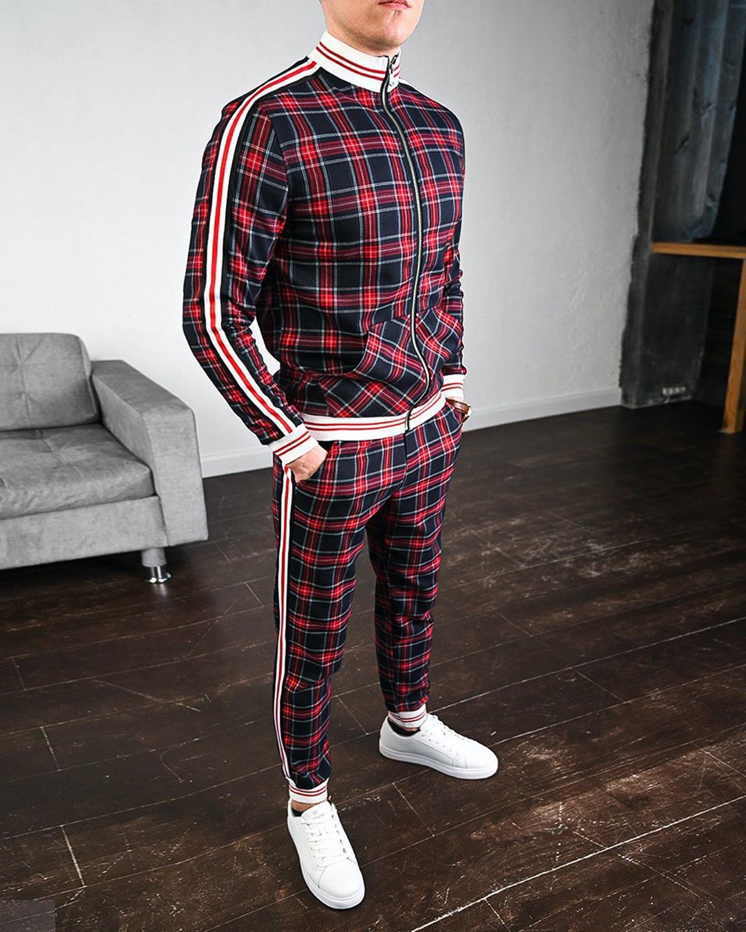 Gentleman 2023 Men's Tracksuits Sets 3D Colorful Plaid Print Sports Suits Men Grid 2-piece Set  Autumn Zipper Jackets Sportswear