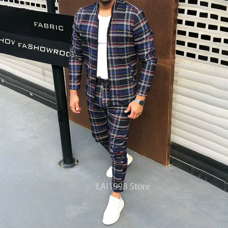 Gentleman 2023 Men's Tracksuits Sets 3D Colorful Plaid Print Sports Suits Men Grid 2-piece Set  Autumn Zipper Jackets Sportswear