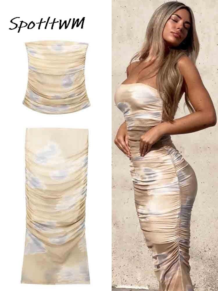 Backless Strapless Tube Tops Pleated Midi Skirts Suits Sexy Skinny Draped Skirt Two Pieces Set 2023 Women Summer Chic Streetwear