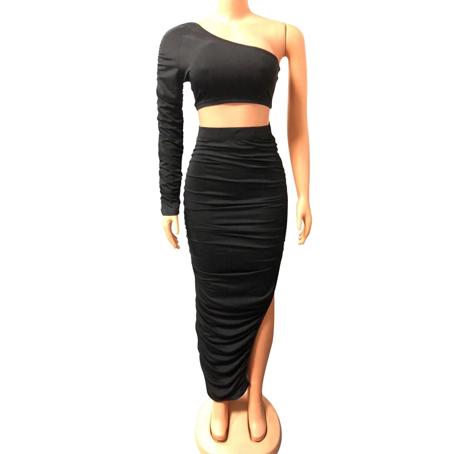 Echoine Solid One Shoulder Crop Top and Pleated Fold Skirt Set Two Piece Set Sexy Party Clubwear Matching Set Autumn Women Cloth