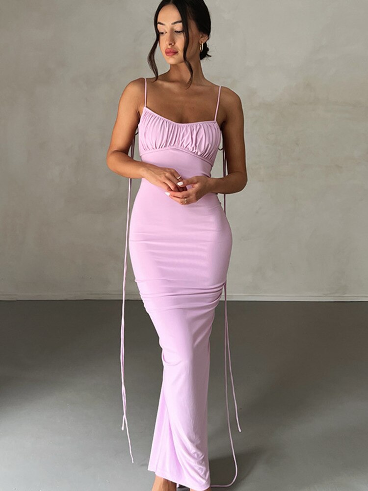 Aotvotee Spaghetti Strap Maxi Dresses for Women 2023 New Fashion Sexy Lace-up Backless Summer Dress Elegant Slim Evening Dresses