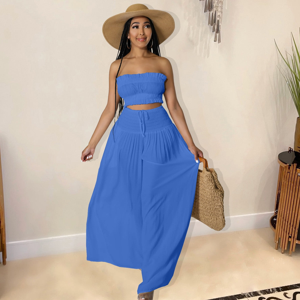 Women's Vacation 2 Piece Outfits Strapless Tube Crop Top and Wide Leg Loose Pants with Pockets 2023 Fashion Beachwear Tracksuit