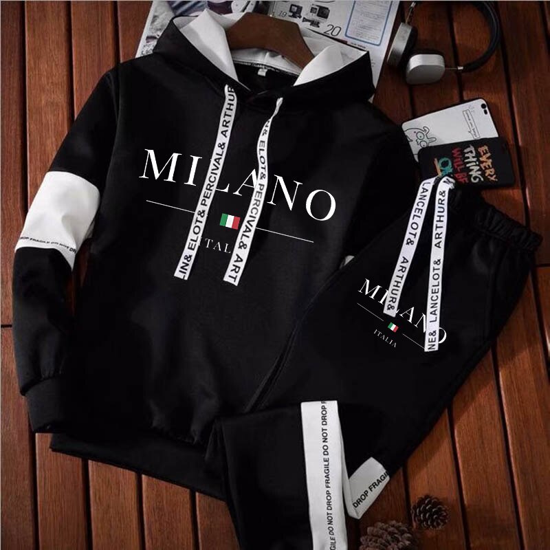 Newest Men Fashion Luxury Tracksuit Long Sleeve Hoodie + Sports Pants Sets Pullover Sweater Tops and Jogging Pants Casual Outfit