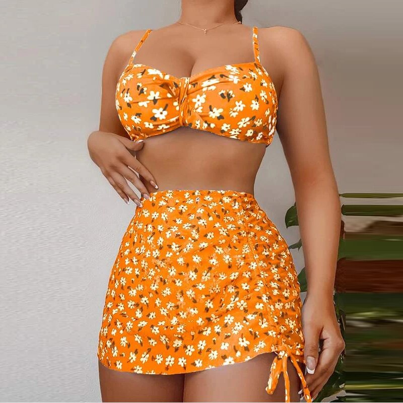 Floral Printed Swimsuit 3 Piece Set Fashion Spaghetti Strap Bra and Thong and Skirt Set Summer Backless Push Up Sexy Beachwear