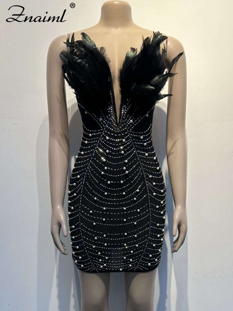 Znaiml Sexy Feathers Rhinestones Backless Diamond Sheer Mesh Bodycon Dresses for Woman Rave Club Birthday Party Night Vestidos