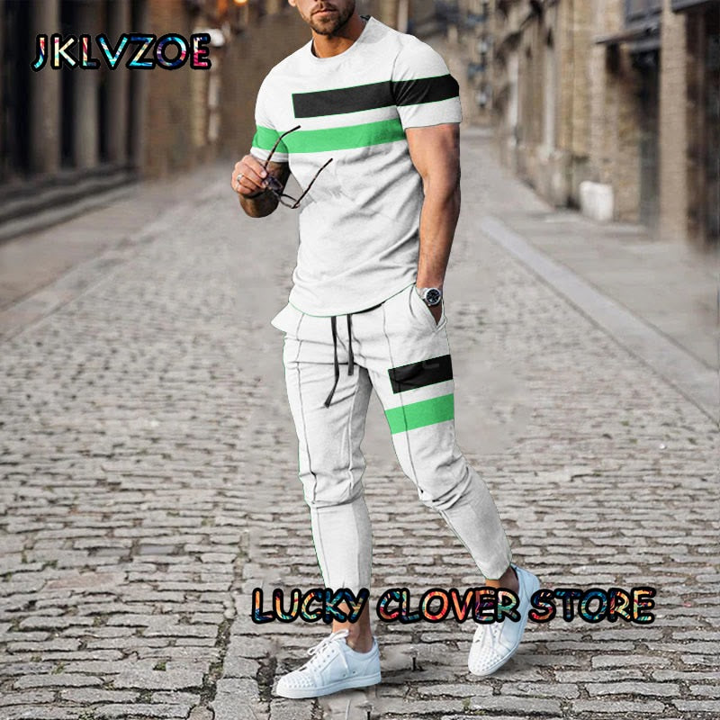 Men‘s Black Stripe Tracksuit Short Sleeve Tshirts+Pants 2 Piece Sets Print Man Trousers Summer Suit Casual Multi-color Clothing