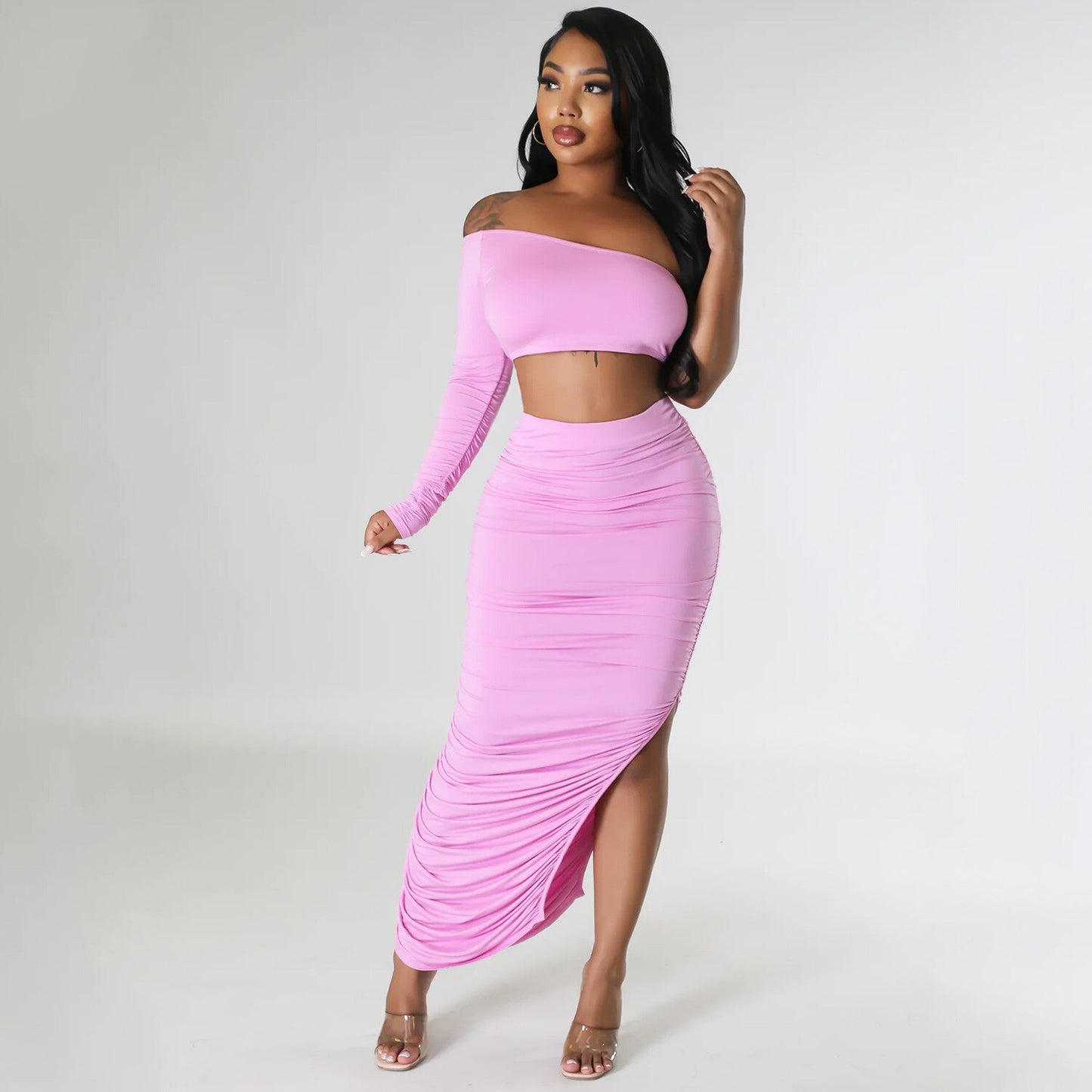 Echoine Solid One Shoulder Crop Top and Pleated Fold Skirt Set Two Piece Set Sexy Party Clubwear Matching Set Autumn Women Cloth