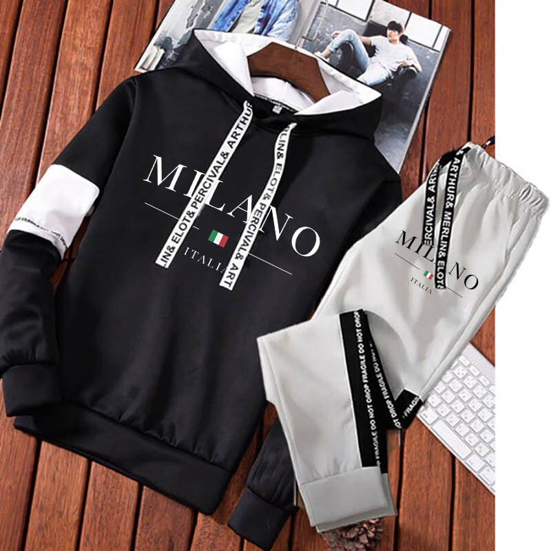 Newest Men Fashion Luxury Tracksuit Long Sleeve Hoodie + Sports Pants Sets Pullover Sweater Tops and Jogging Pants Casual Outfit