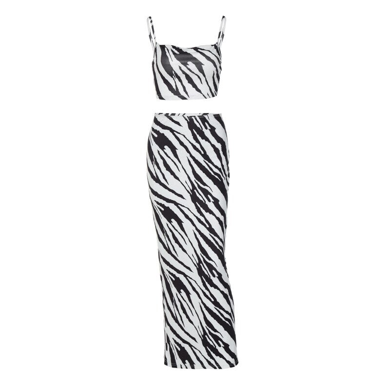 ANJAMANOR Zebra Print Bodycon Long Dresses for Womens Sexy Night Club Outfits Two Pieces Skirt Sets Summer 2023 D70-CC31