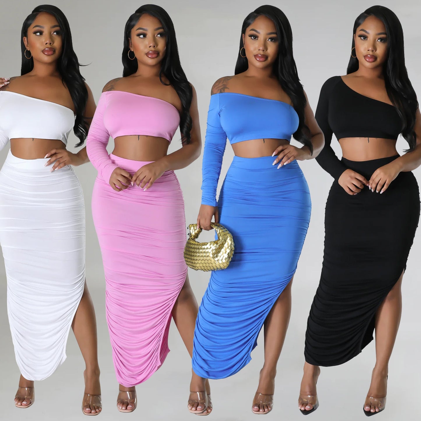 Echoine Solid One Shoulder Crop Top and Pleated Fold Skirt Set Two Piece Set Sexy Party Clubwear Matching Set Autumn Women Cloth