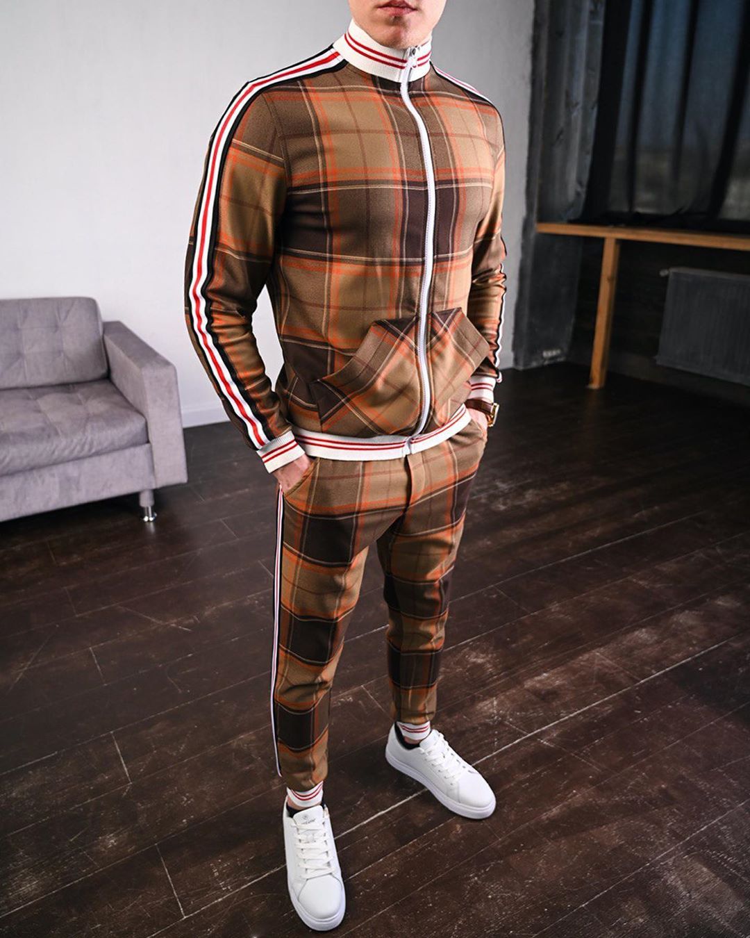 Gentleman 2023 Men's Tracksuits Sets 3D Colorful Plaid Print Sports Suits Men Grid 2-piece Set  Autumn Zipper Jackets Sportswear