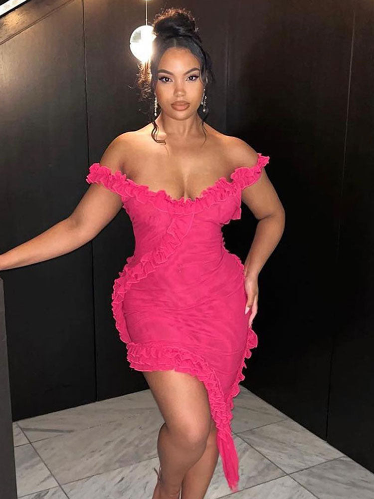 Women Sexy Strapless Off Shoulder Ruffles Dress Female Backless Strap Sleeveless Bodycon Mini Dress Lady Evening Party Vestido