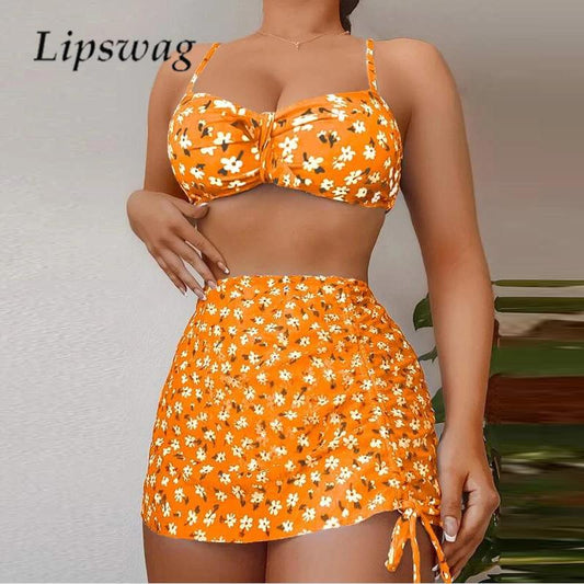 Floral Printed Swimsuit 3 Piece Set Fashion Spaghetti Strap Bra and Thong and Skirt Set Summer Backless Push Up Sexy Beachwear